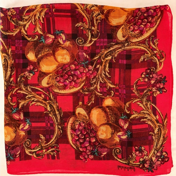 Oscar de la Renta Plaid and Fruit Scarf - Picture 10 of 16
